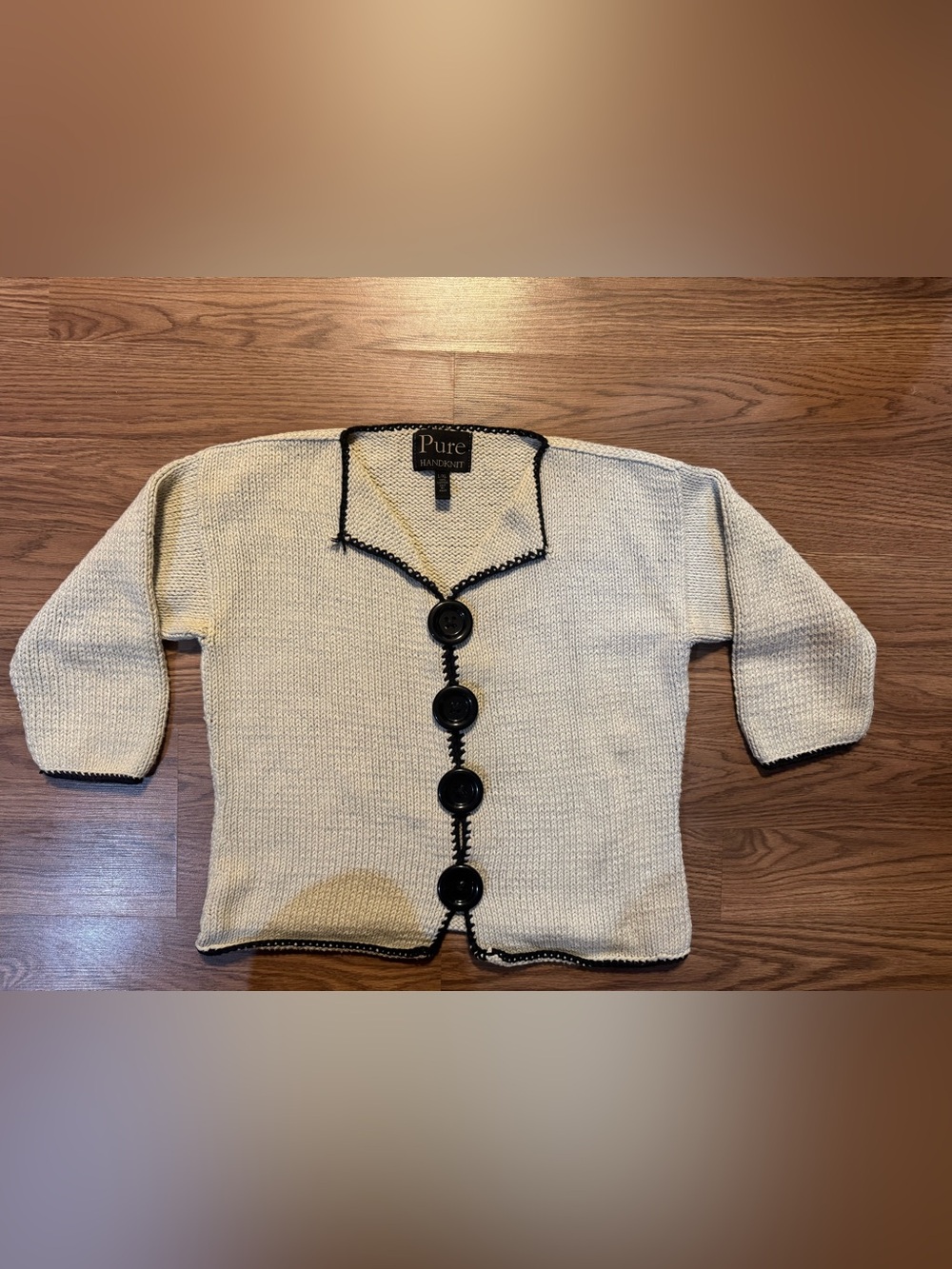 Pure Collection Cream Knit Cardigan with Black Trim and Buttons